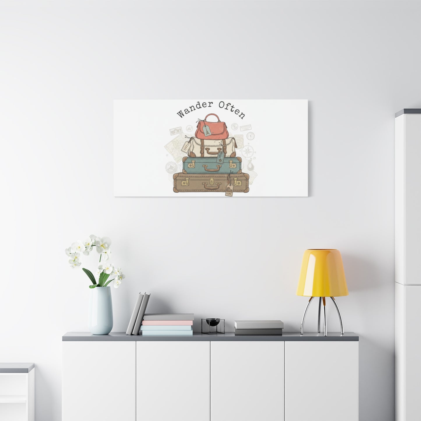 Wander Often Vintage Luggage Stack Canvas, travel stamps | passport stamp wanderlust