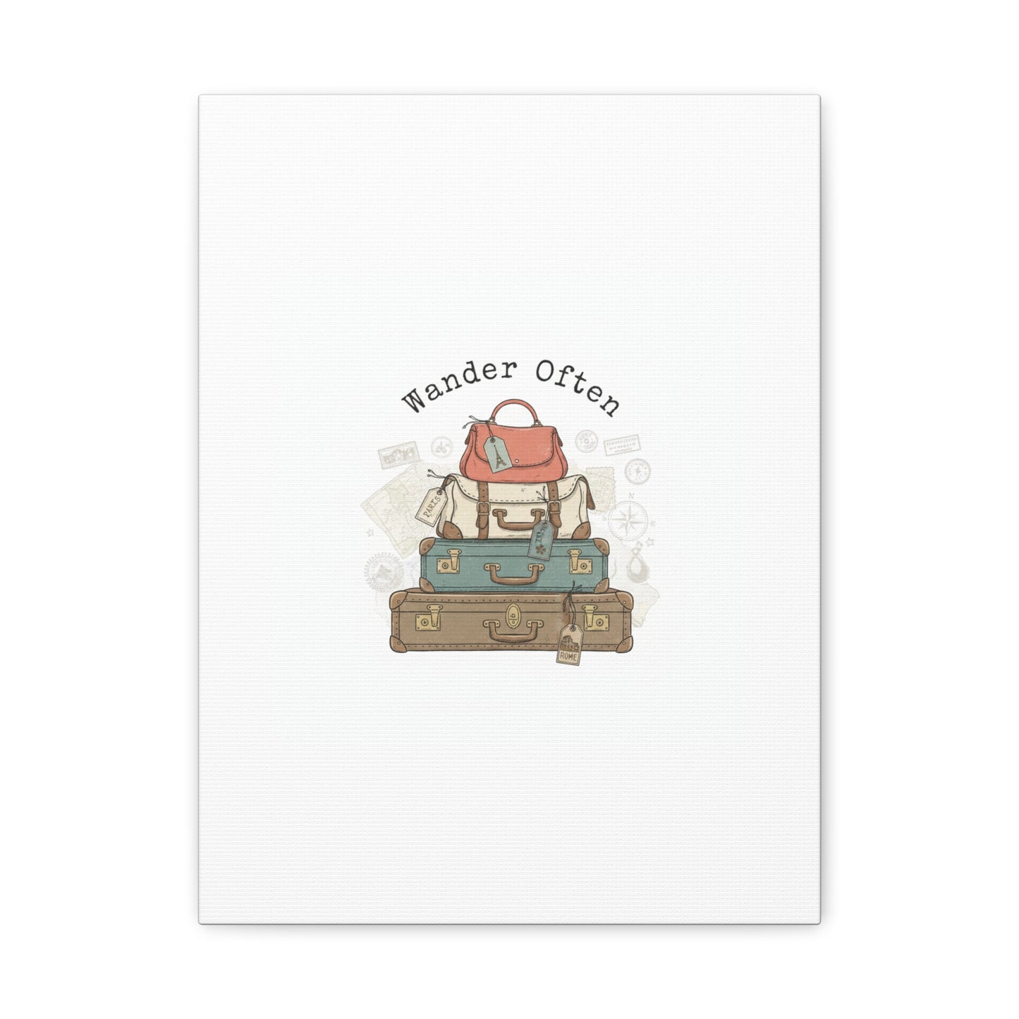 Wander Often Vintage Luggage Stack Canvas, travel stamps | passport stamp wanderlust