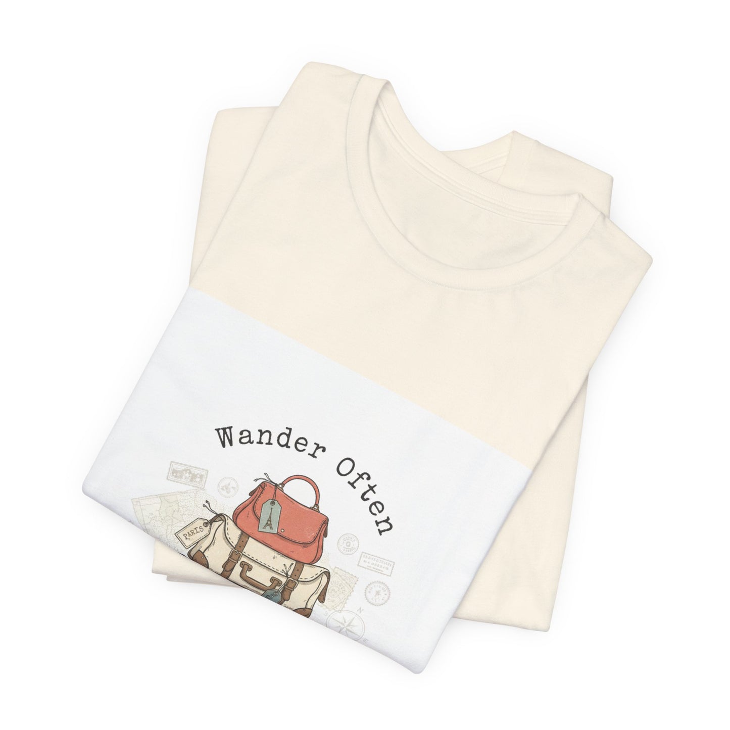 Wander Often suitcase stack Tee | vintage travel stamps, postcard nostalgia