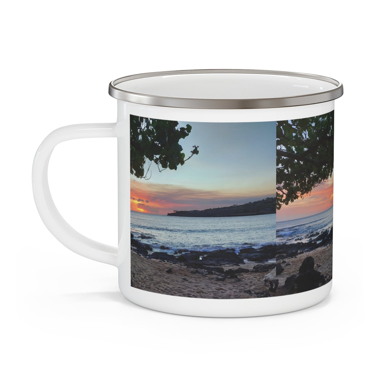 Enamel Camping Mug — Beach Sunset Photo Campfire Coffee Cup