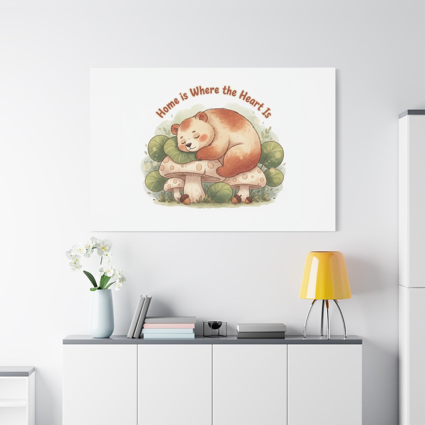 Cozy Sleeping Bear Canvas, winter forest art | cute animal illustration
