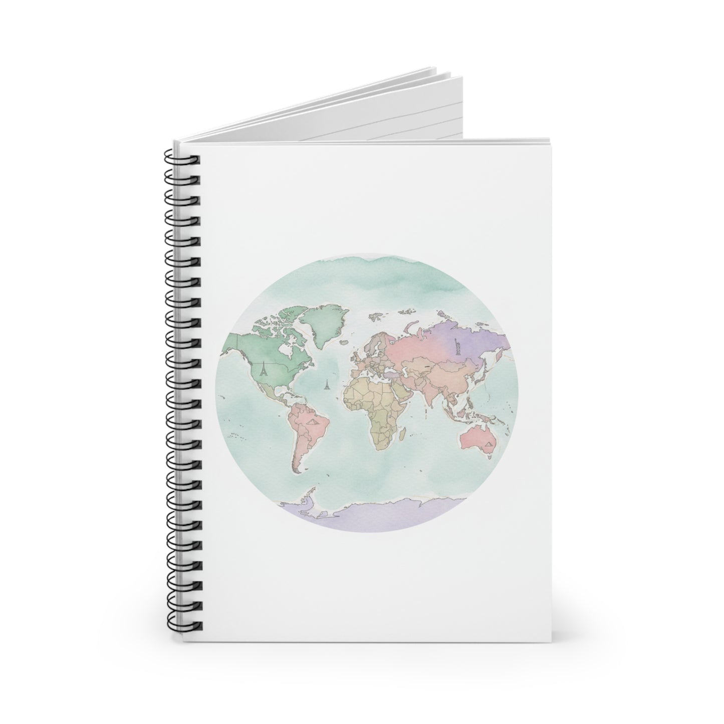 World Map Spiral Notebook — Pastel Watercolor Travel Journal (Ruled)
