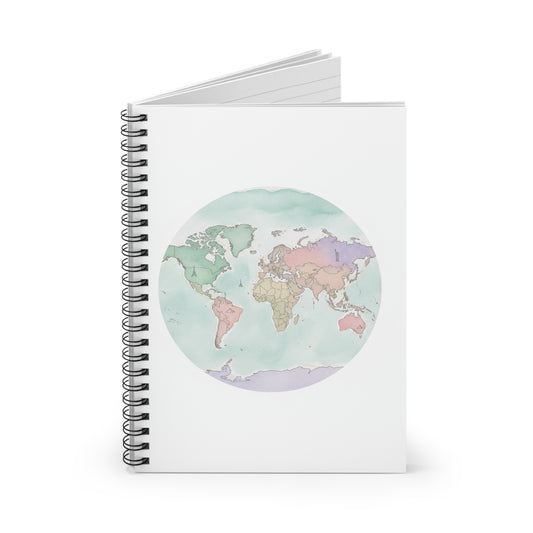World Map Spiral Notebook — Pastel Watercolor Travel Journal (Ruled)