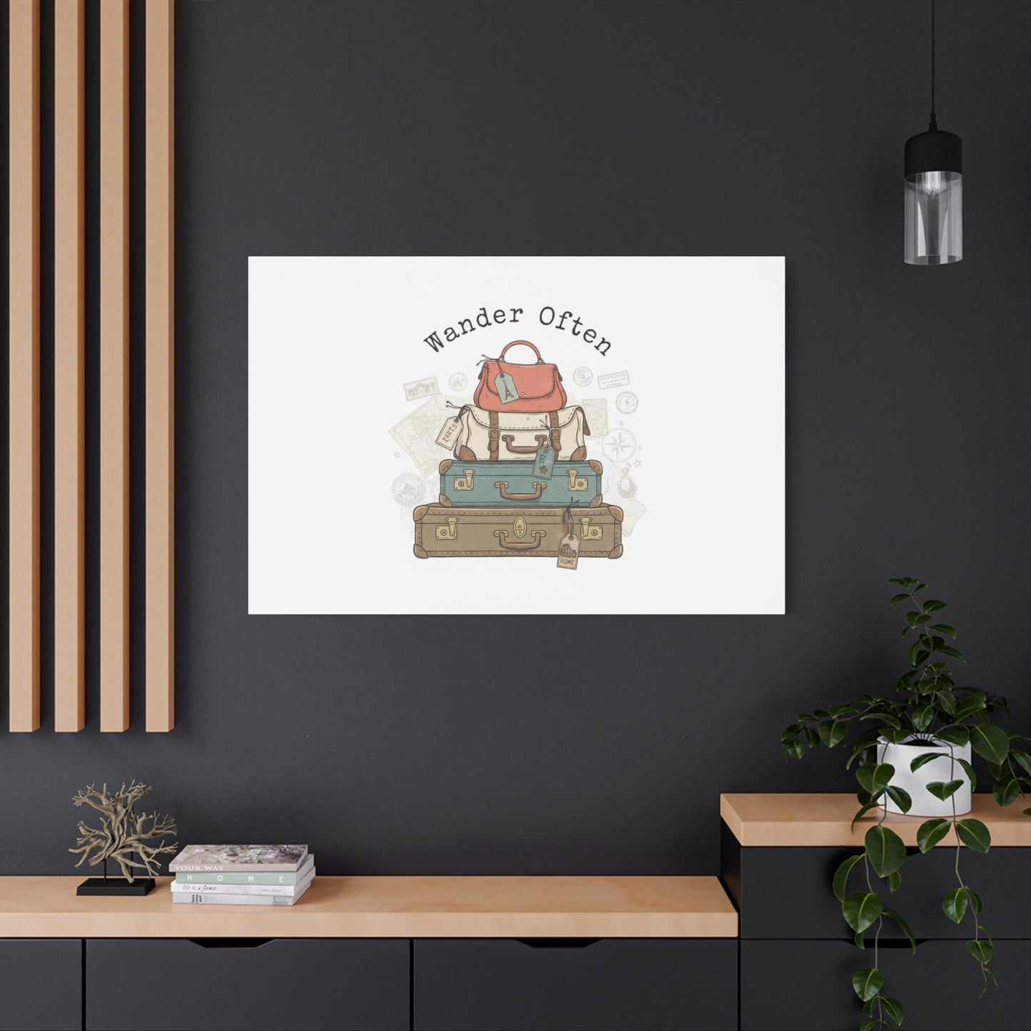 Wander Often Vintage Luggage Stack Canvas, travel stamps | passport stamp wanderlust