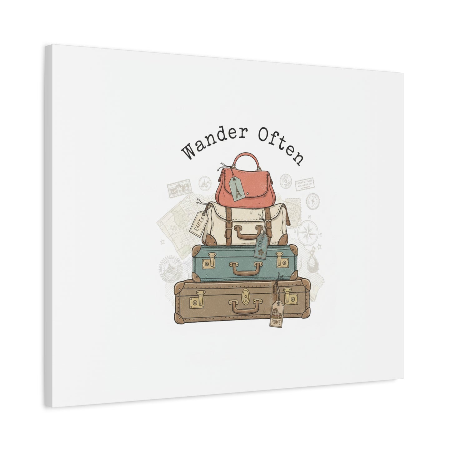 Wander Often Vintage Luggage Stack Canvas, travel stamps | passport stamp wanderlust