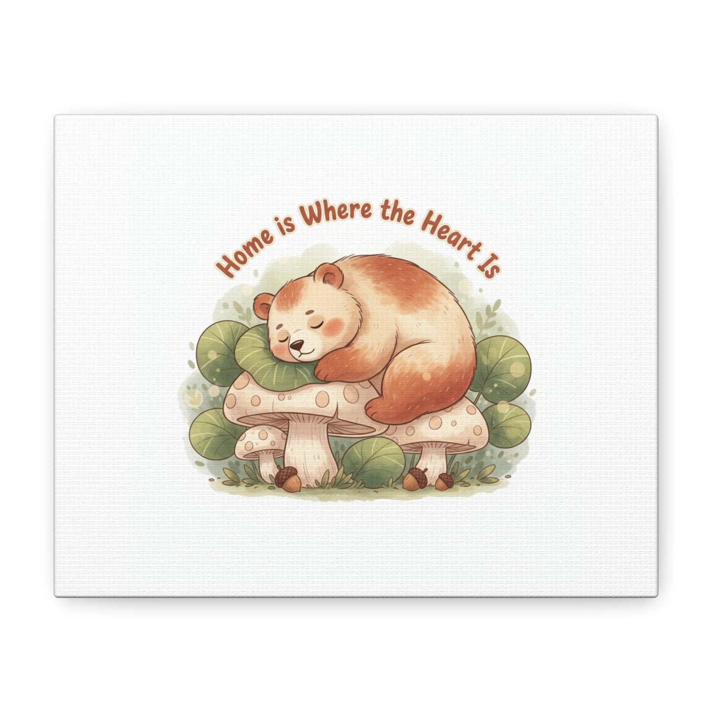Cozy Sleeping Bear Canvas, winter forest art | cute animal illustration