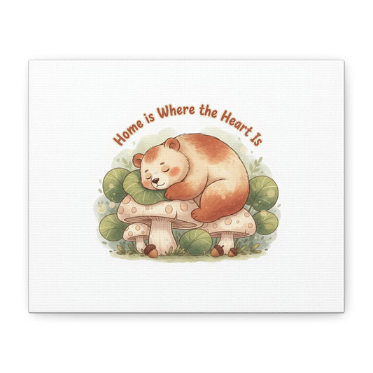 Cozy Sleeping Bear Canvas, winter forest art | cute animal illustration