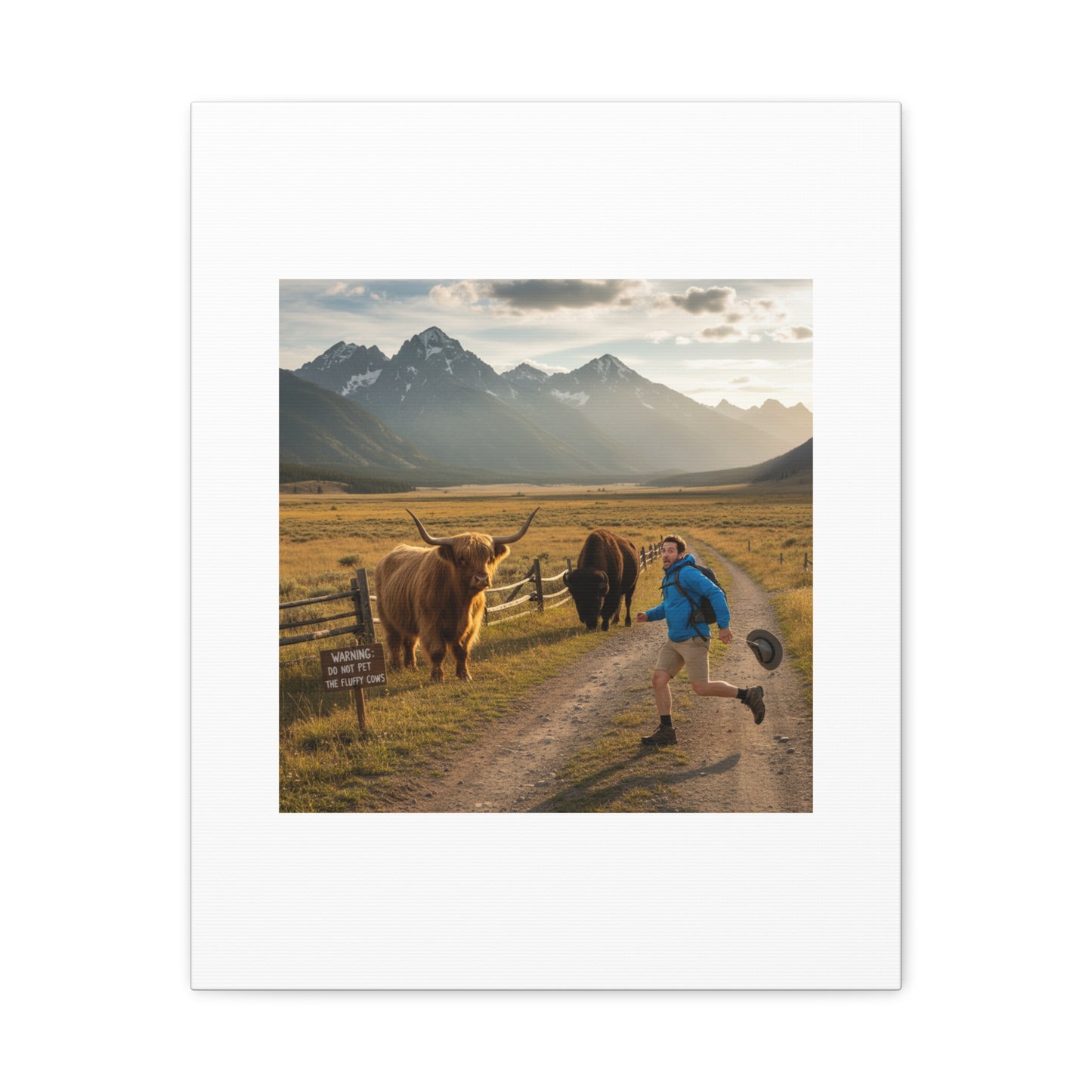 Chased by a Buffalo Canvas | wholesome sarcasm print, soft humor wall art
