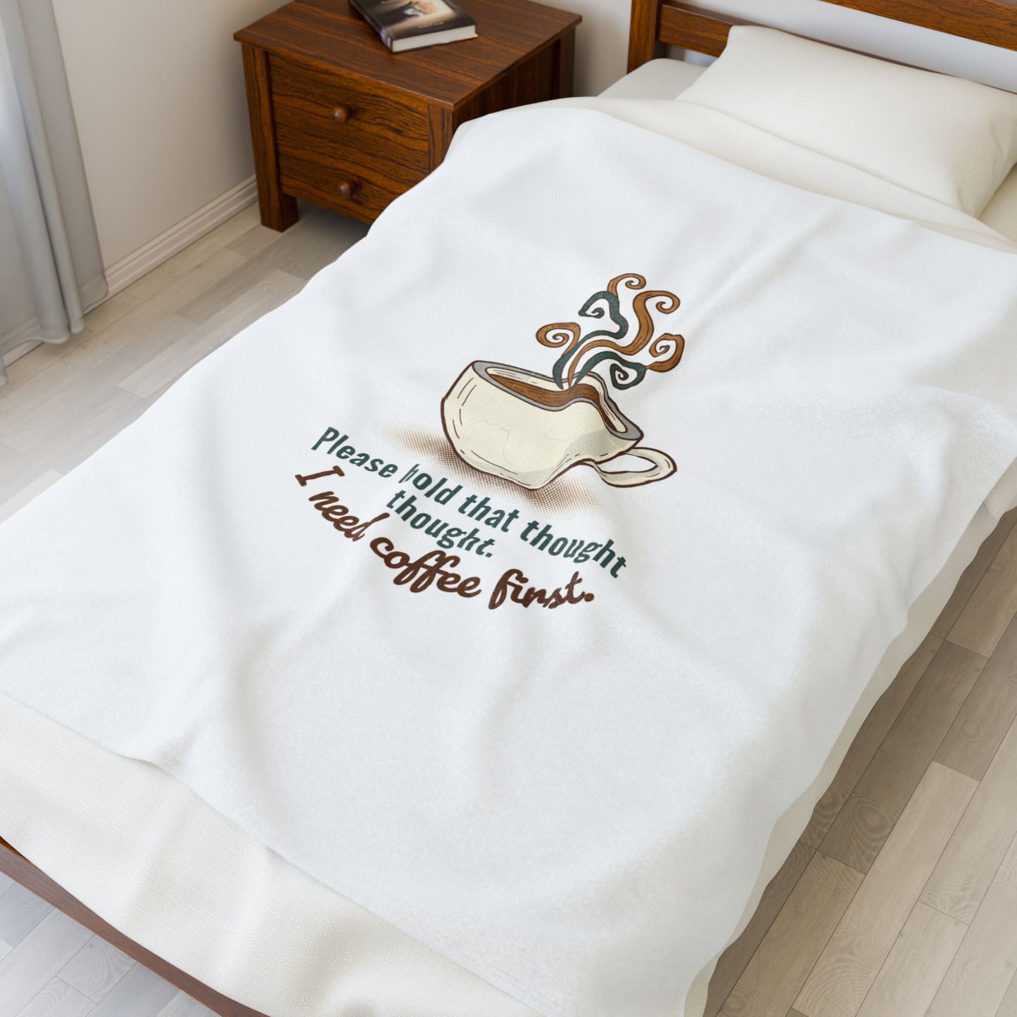 I Need Coffee First Velveteen Plush Blanket | coffee lover, cozy ritual