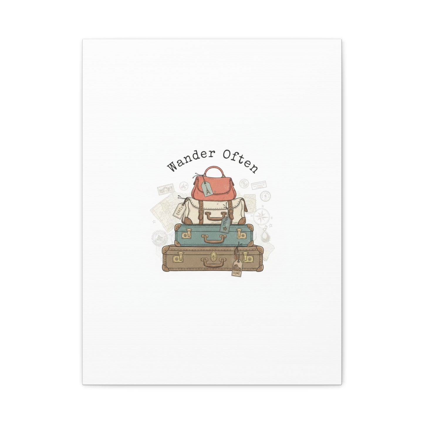 Wander Often Vintage Luggage Stack Canvas, travel stamps | passport stamp wanderlust
