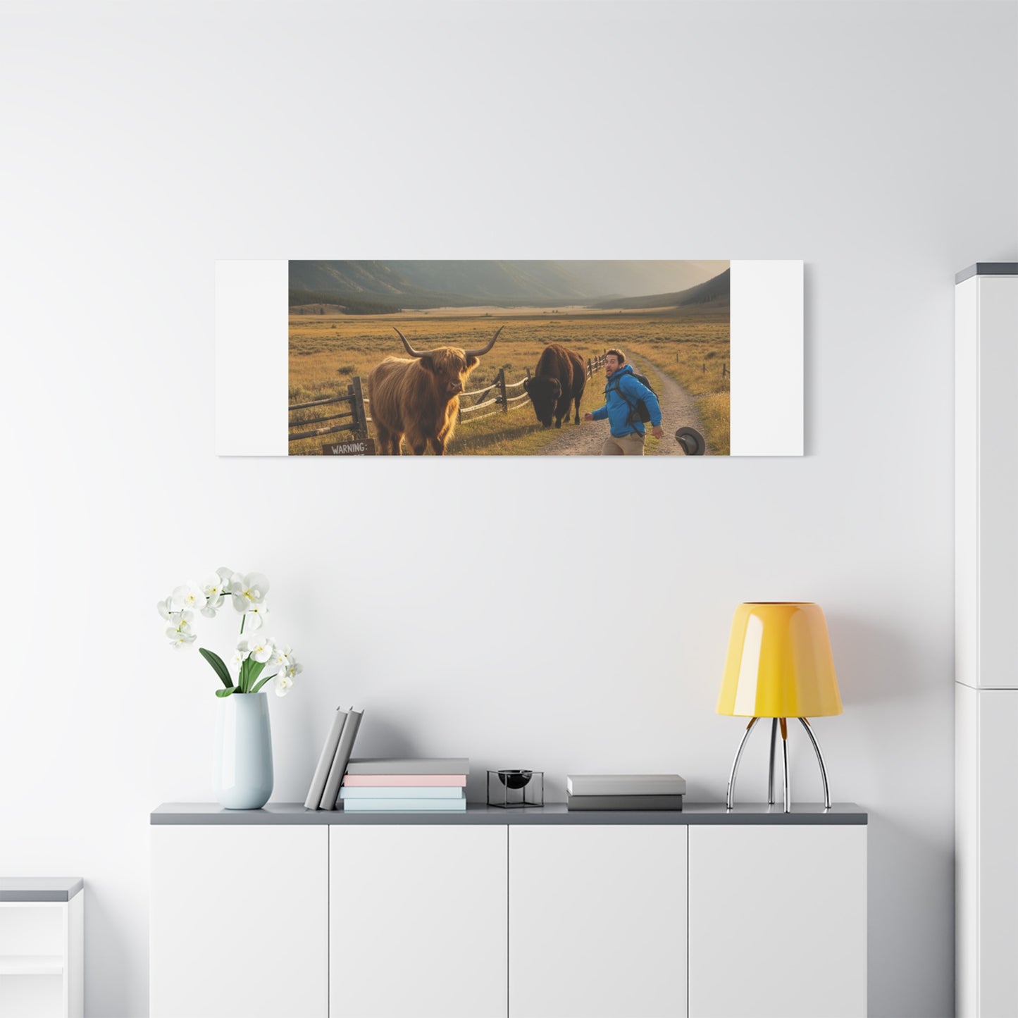 Chased by a Buffalo Canvas | wholesome sarcasm print, soft humor wall art