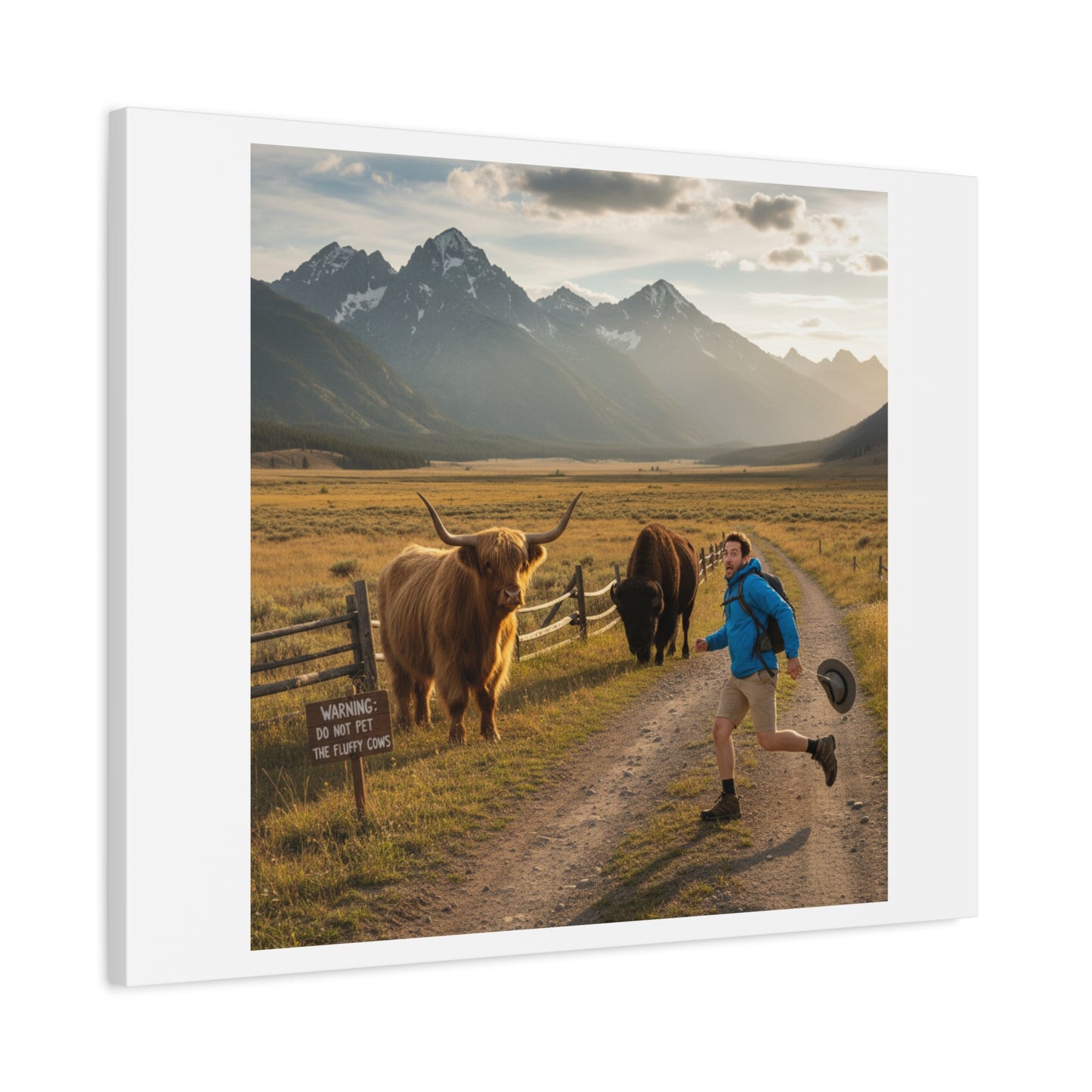 Chased by a Buffalo Canvas | wholesome sarcasm print, soft humor wall art