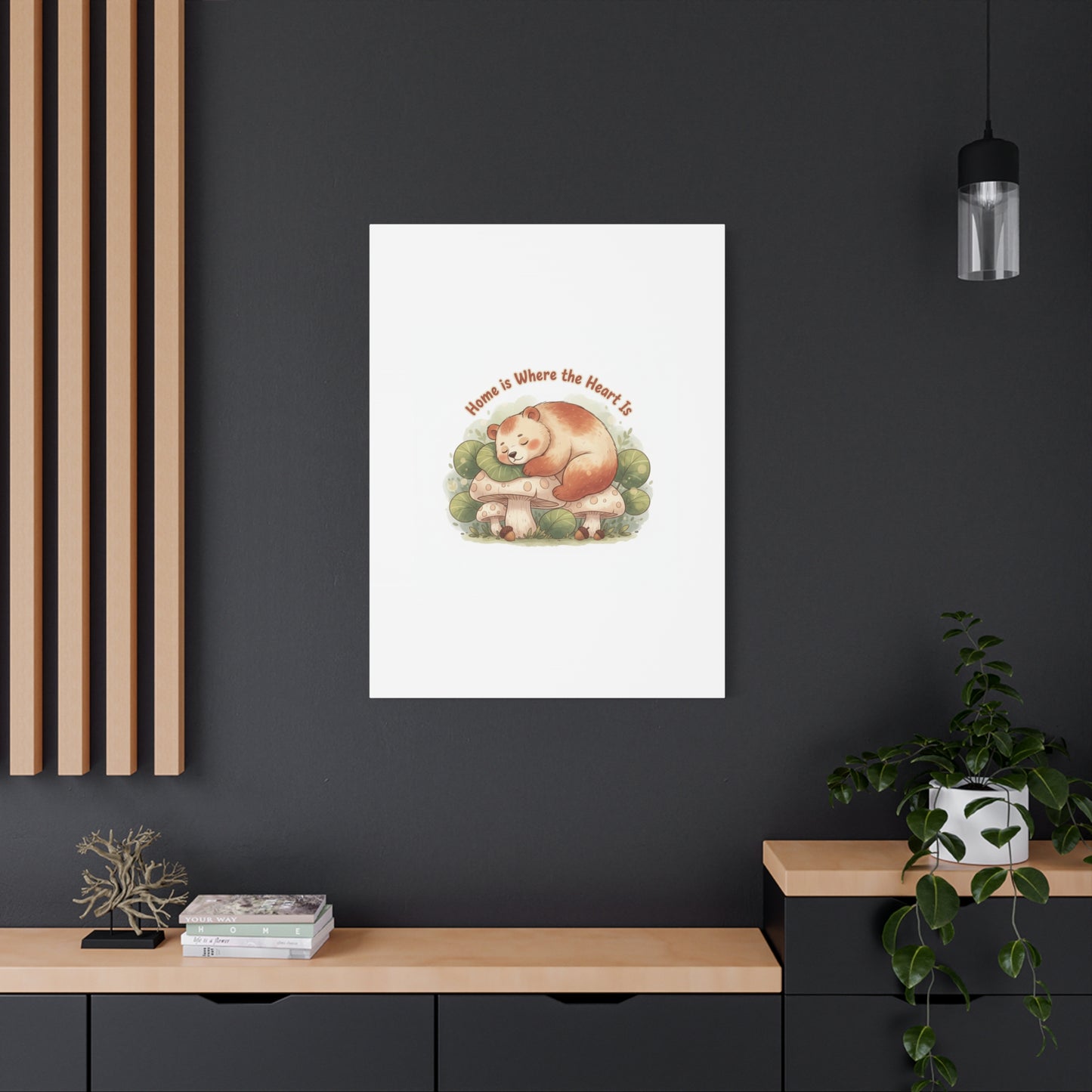 Cozy Sleeping Bear Canvas, winter forest art | cute animal illustration