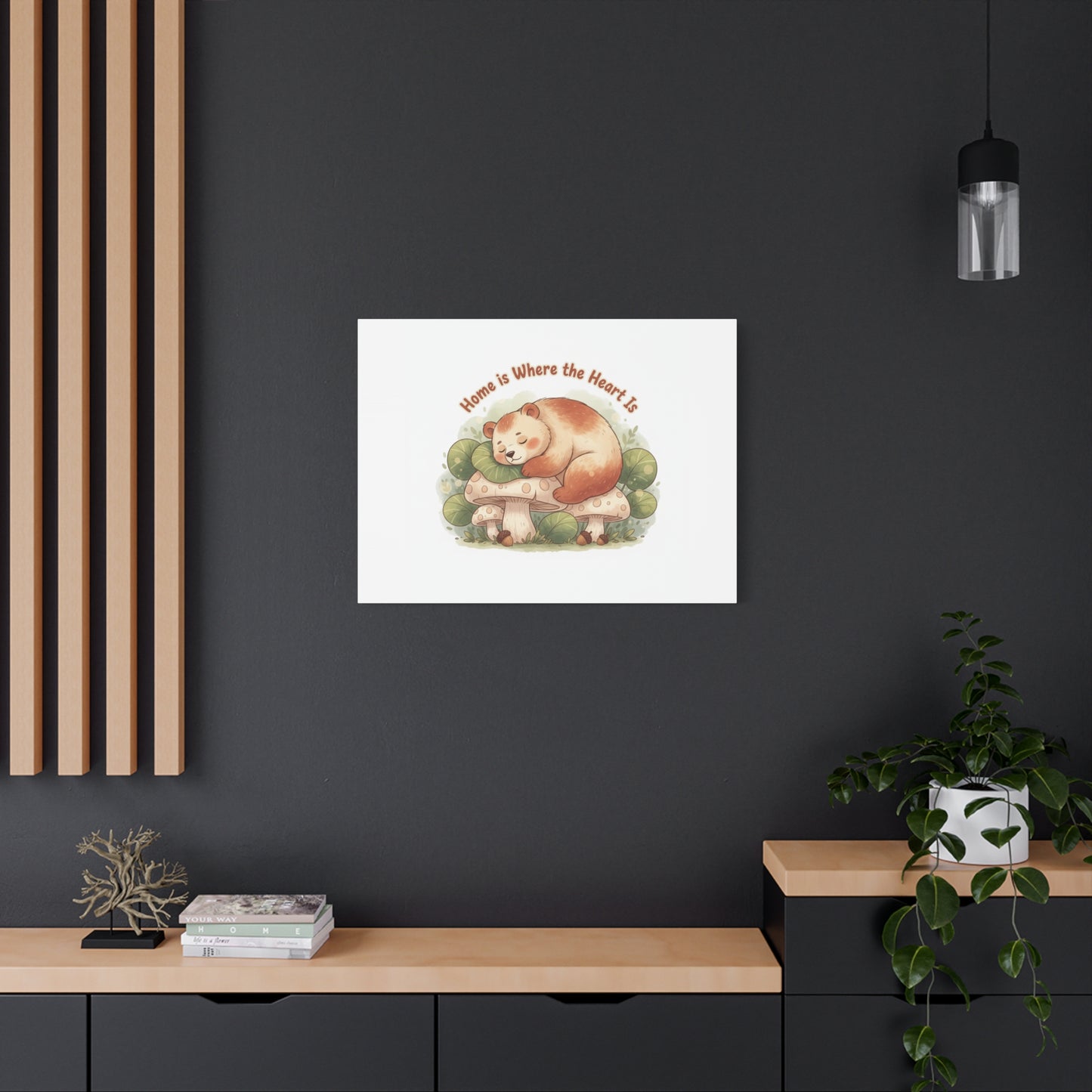Cozy Sleeping Bear Canvas, winter forest art | cute animal illustration