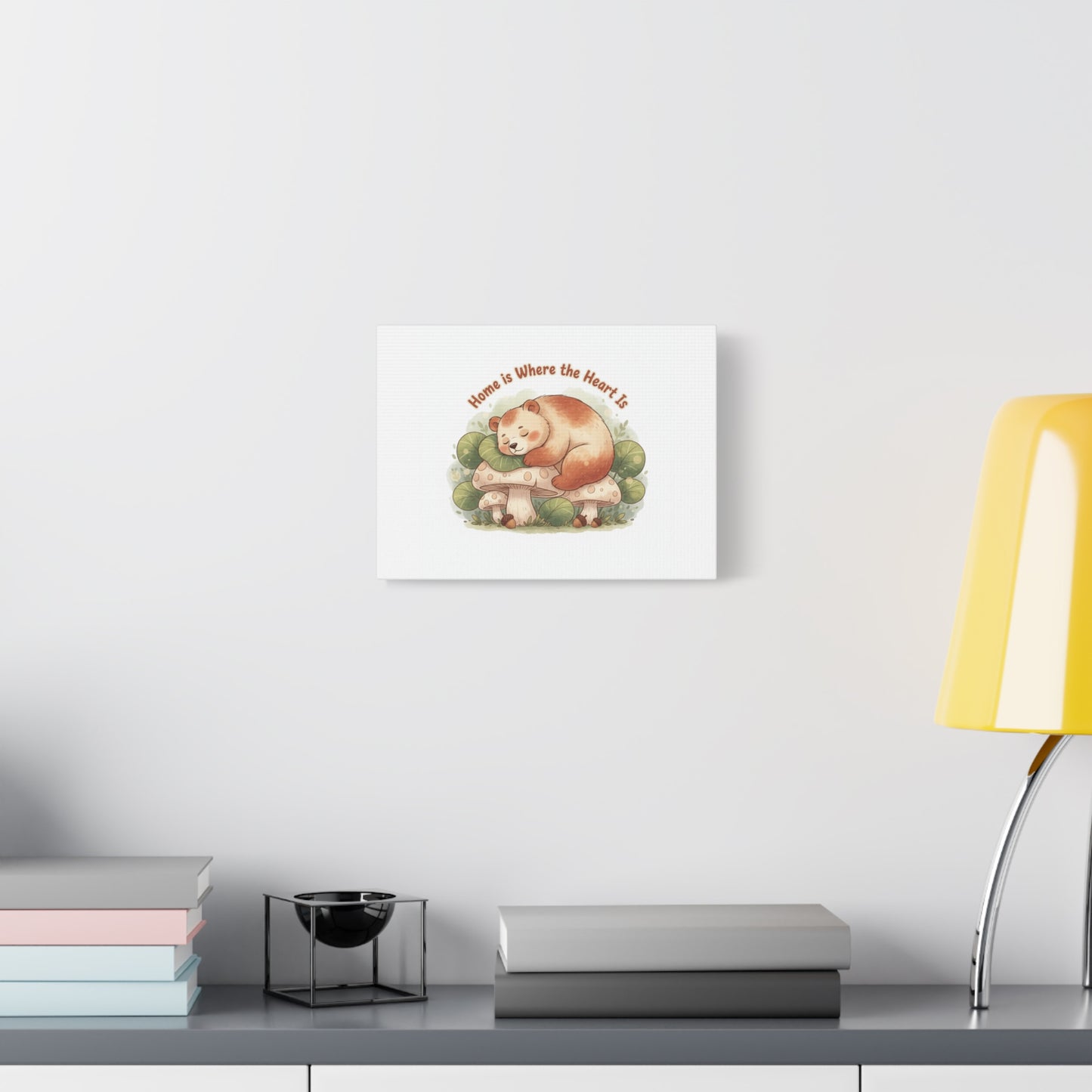 Cozy Sleeping Bear Canvas, winter forest art | cute animal illustration