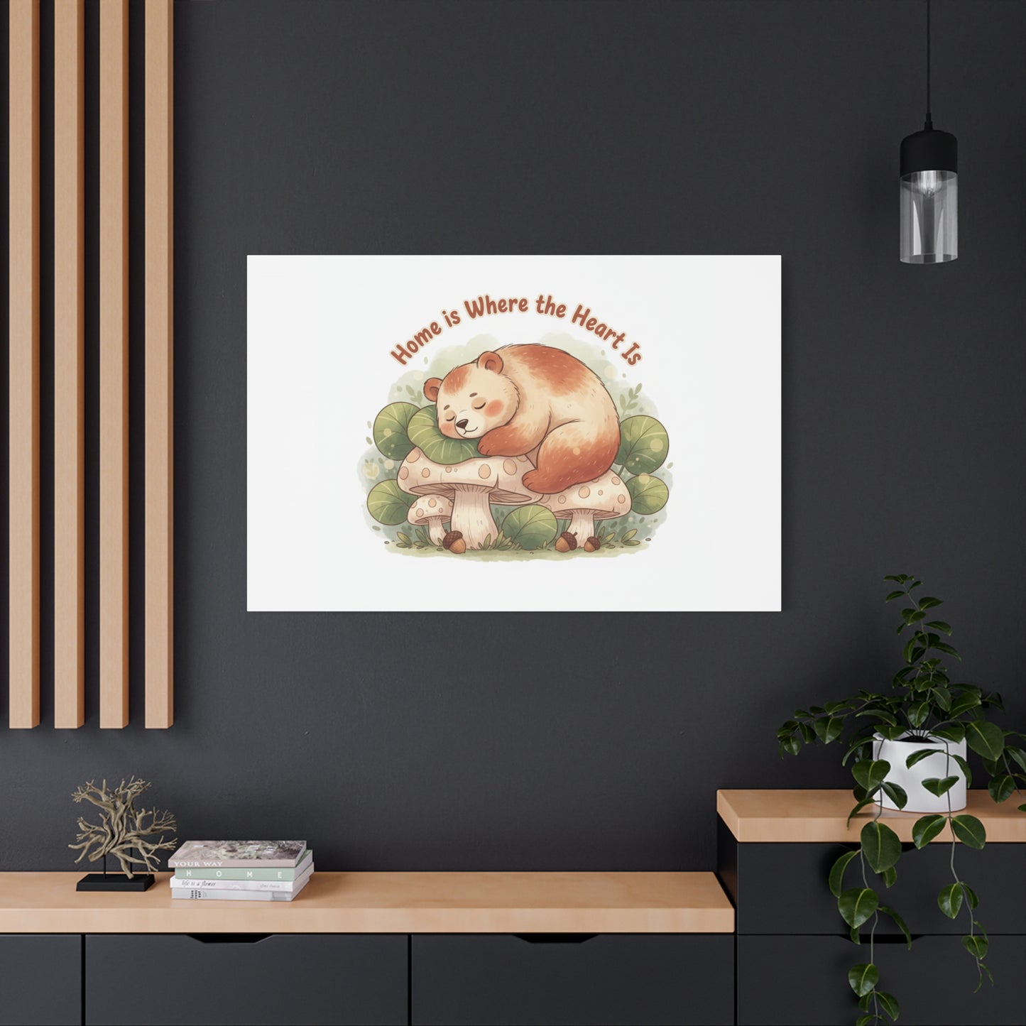 Cozy Sleeping Bear Canvas, winter forest art | cute animal illustration