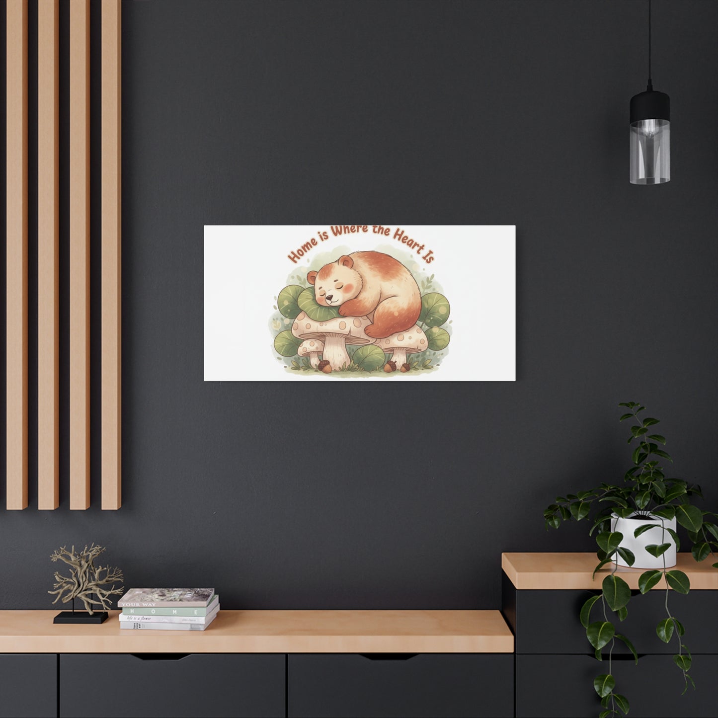 Cozy Sleeping Bear Canvas, winter forest art | cute animal illustration