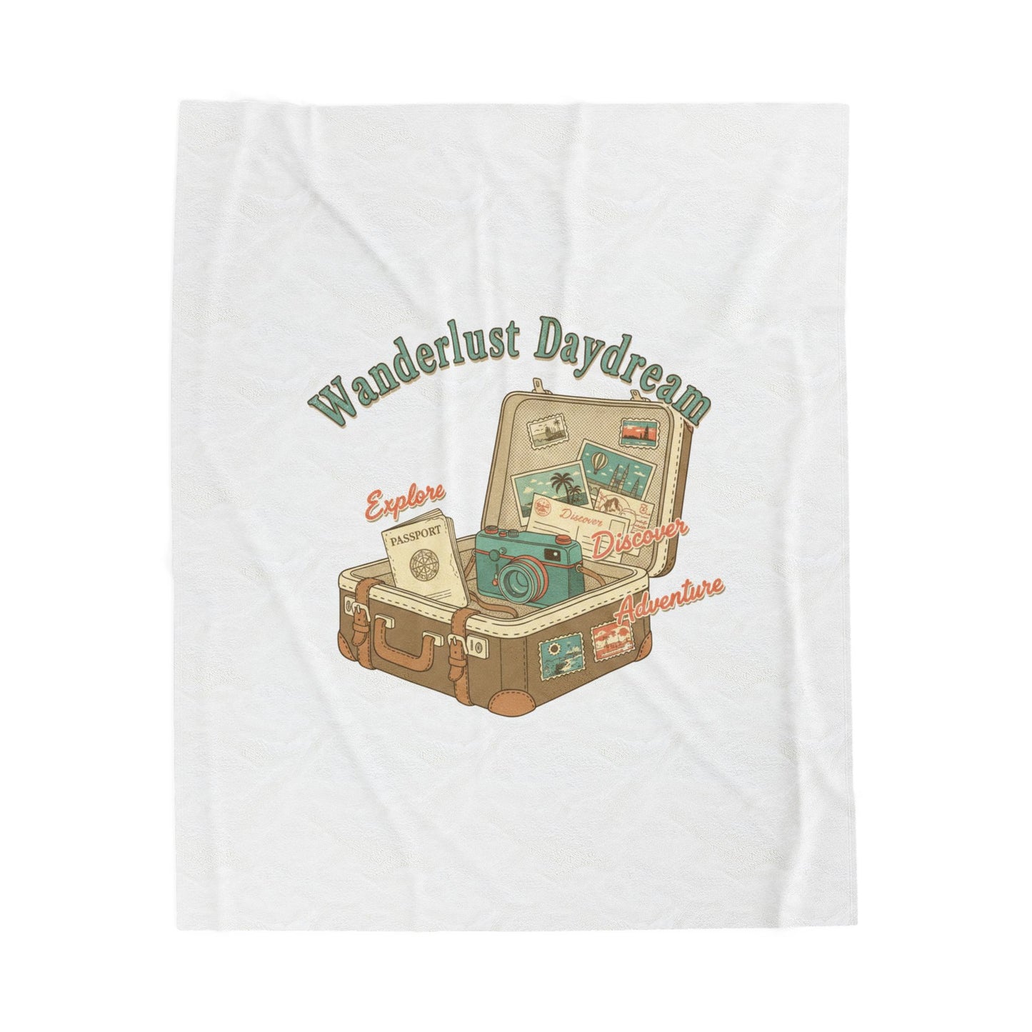 Wanderlust Daydream suitcase design Velveteen Blanket | retro travel, passport stamp vibes