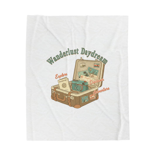 Wanderlust Daydream suitcase design Velveteen Blanket | retro travel, passport stamp vibes