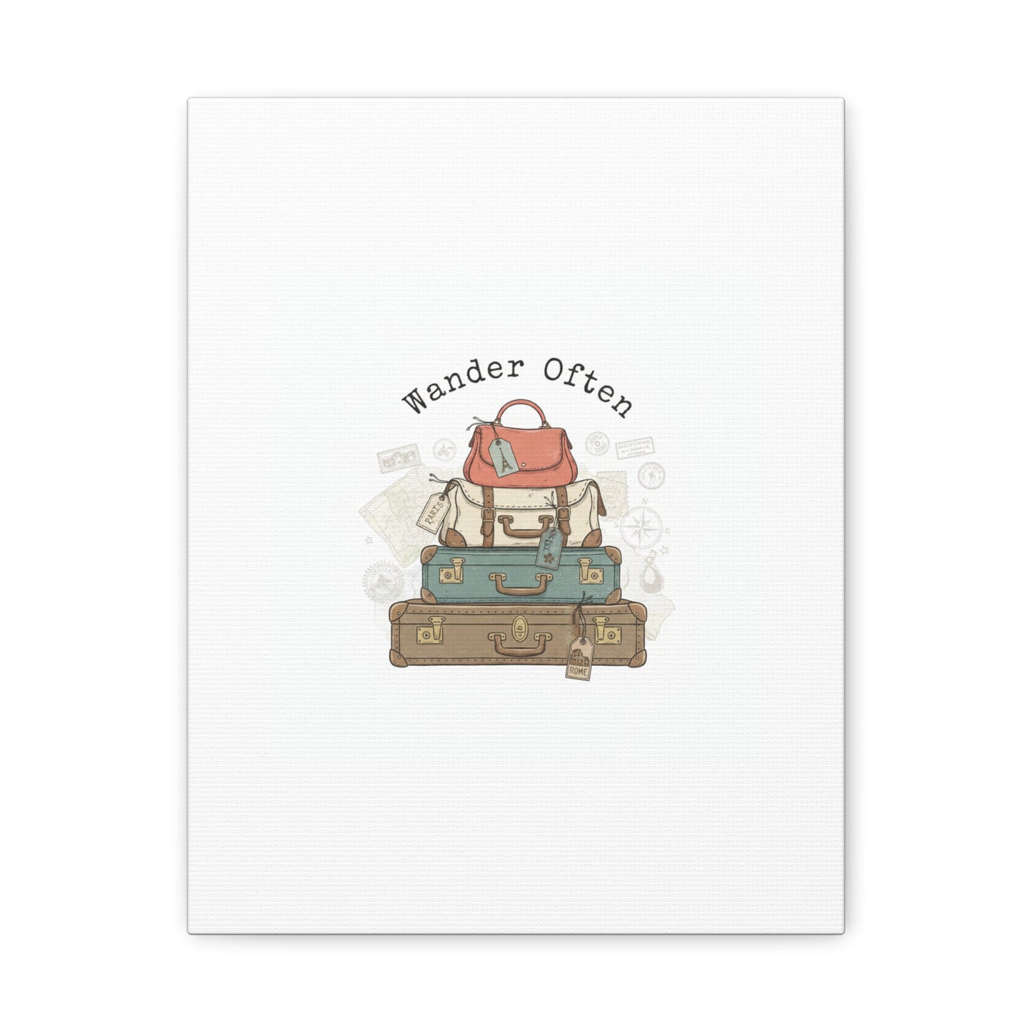 Wander Often Vintage Luggage Stack Canvas, travel stamps | passport stamp wanderlust