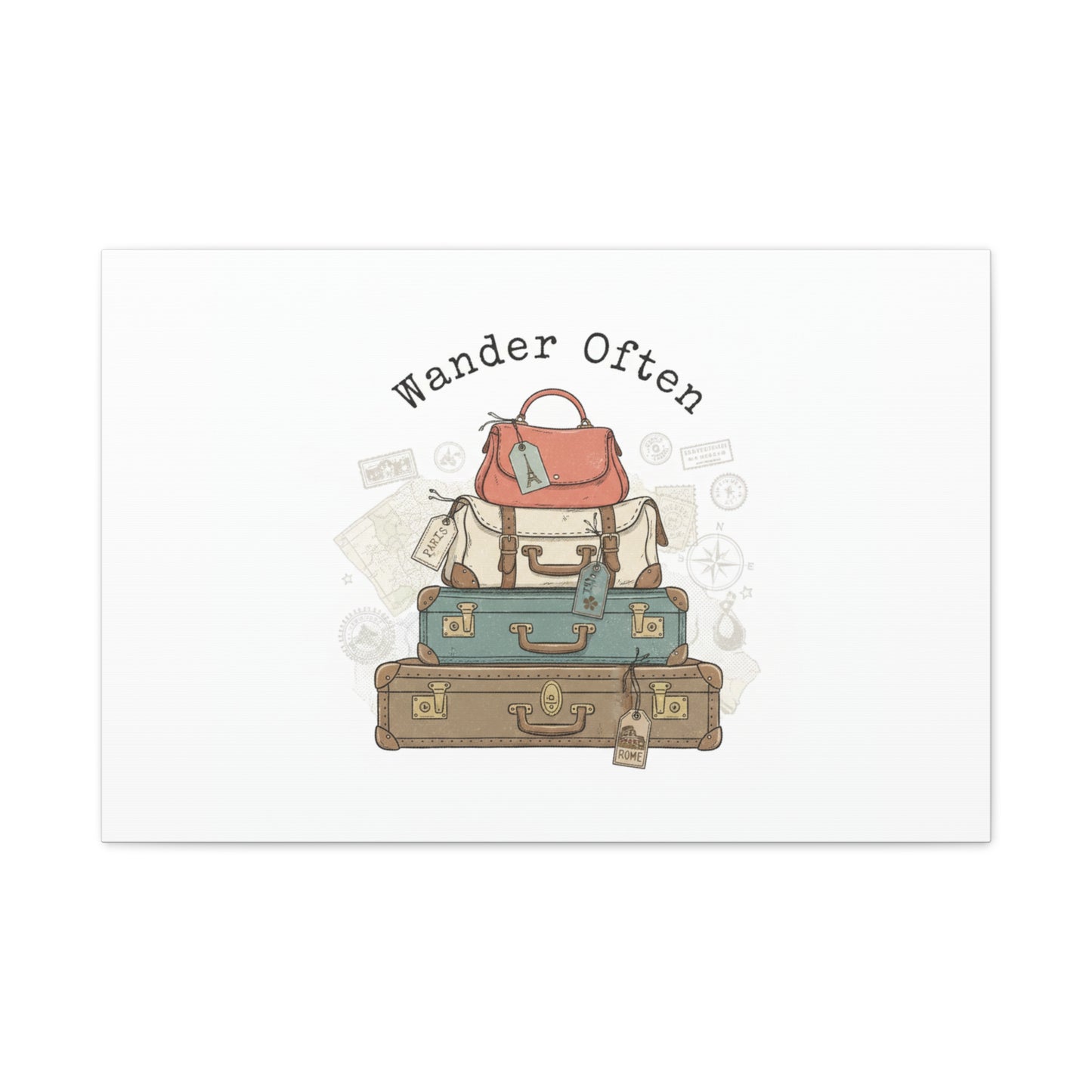 Wander Often Vintage Luggage Stack Canvas, travel stamps | passport stamp wanderlust