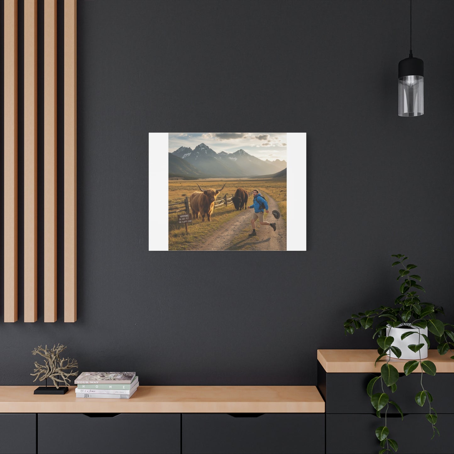 Chased by a Buffalo Canvas | wholesome sarcasm print, soft humor wall art