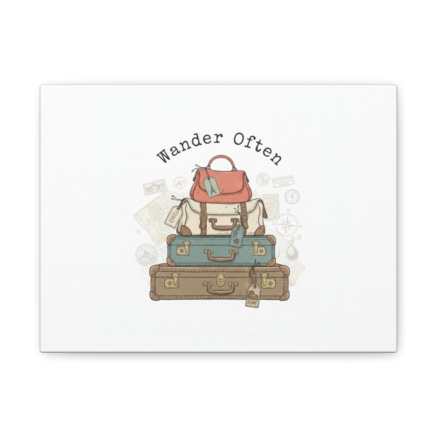Wander Often Vintage Luggage Stack Canvas, travel stamps | passport stamp wanderlust