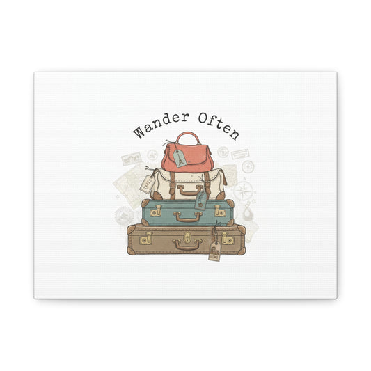 Wander Often Vintage Luggage Stack Canvas, travel stamps | passport stamp wanderlust