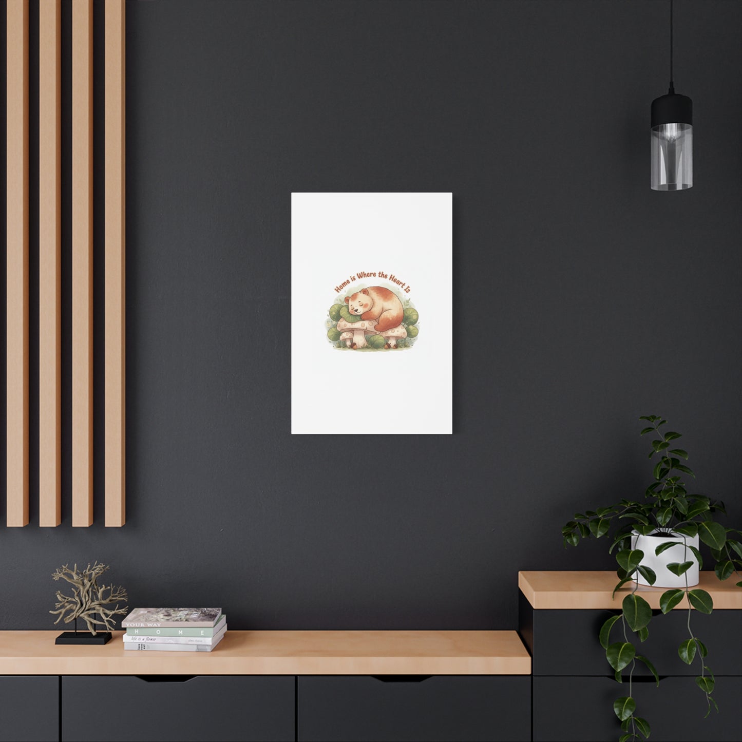 Cozy Sleeping Bear Canvas, winter forest art | cute animal illustration