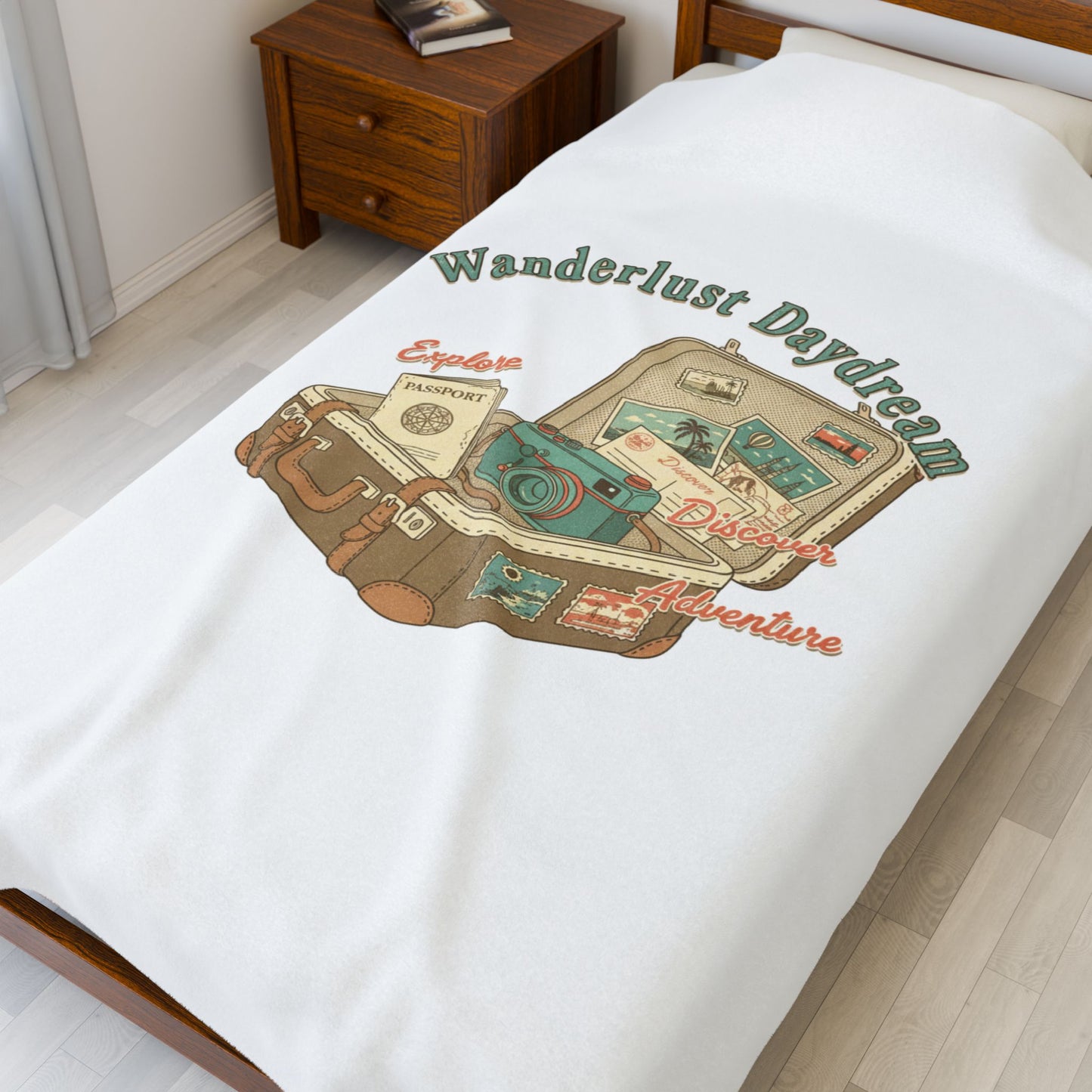 Wanderlust Daydream suitcase design Velveteen Blanket | retro travel, passport stamp vibes