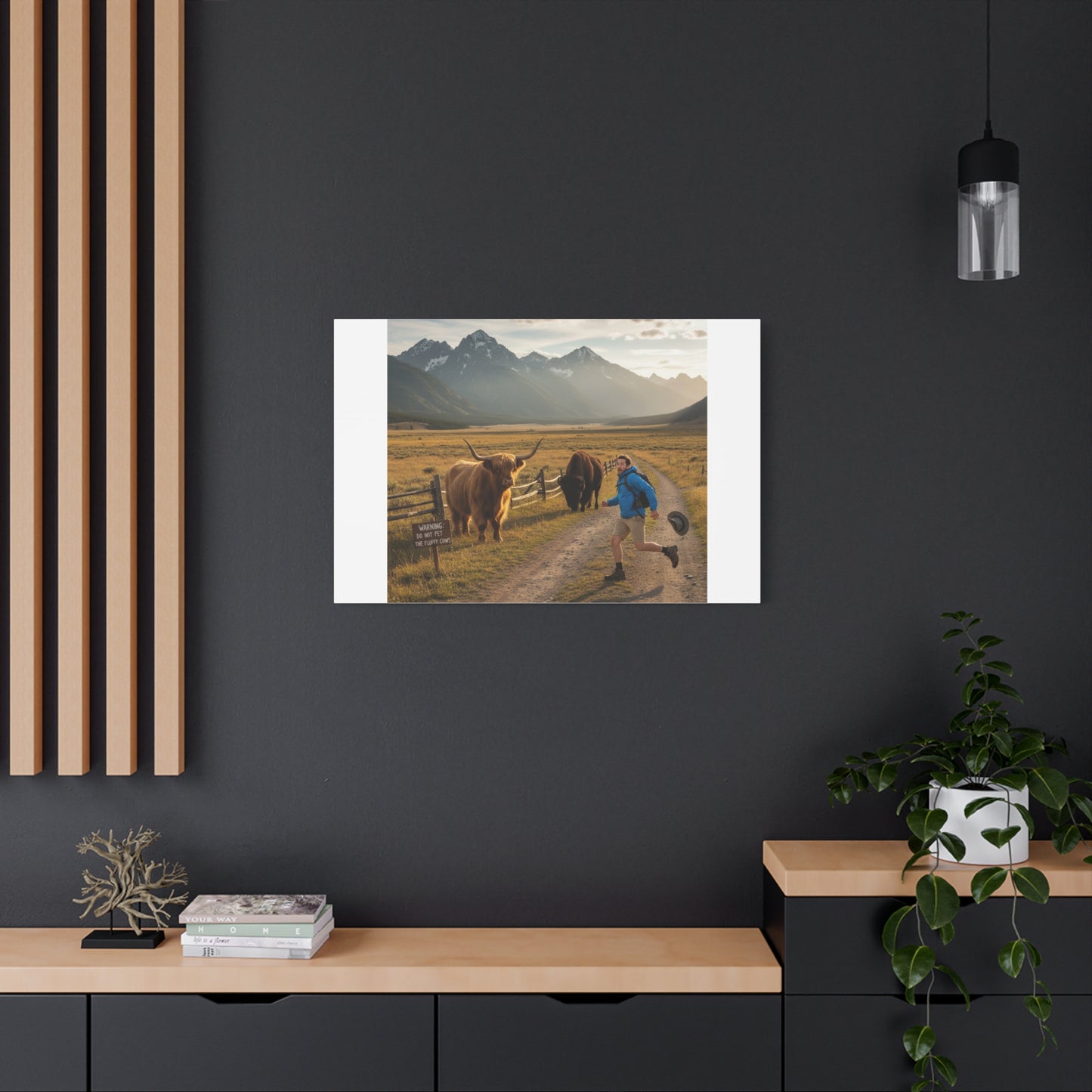 Chased by a Buffalo Canvas | wholesome sarcasm print, soft humor wall art