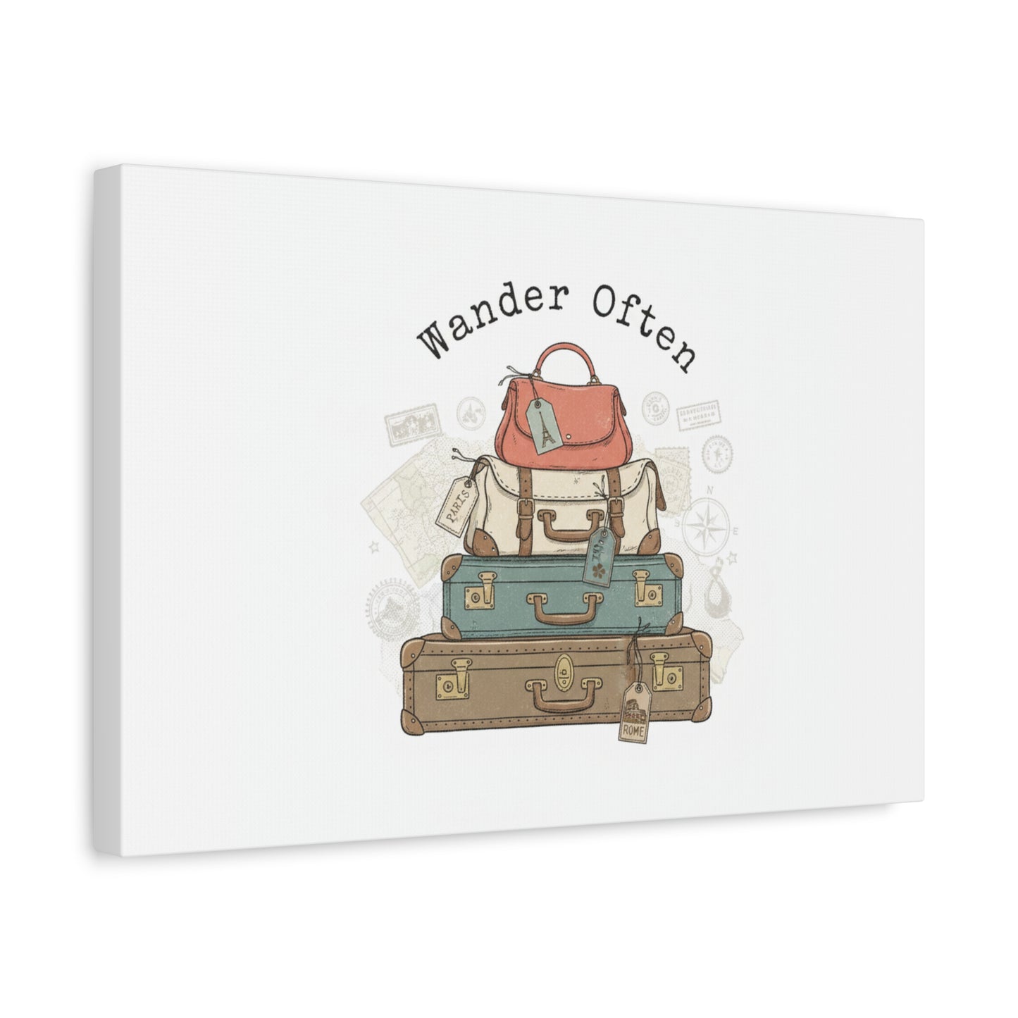 Wander Often Vintage Luggage Stack Canvas, travel stamps | passport stamp wanderlust