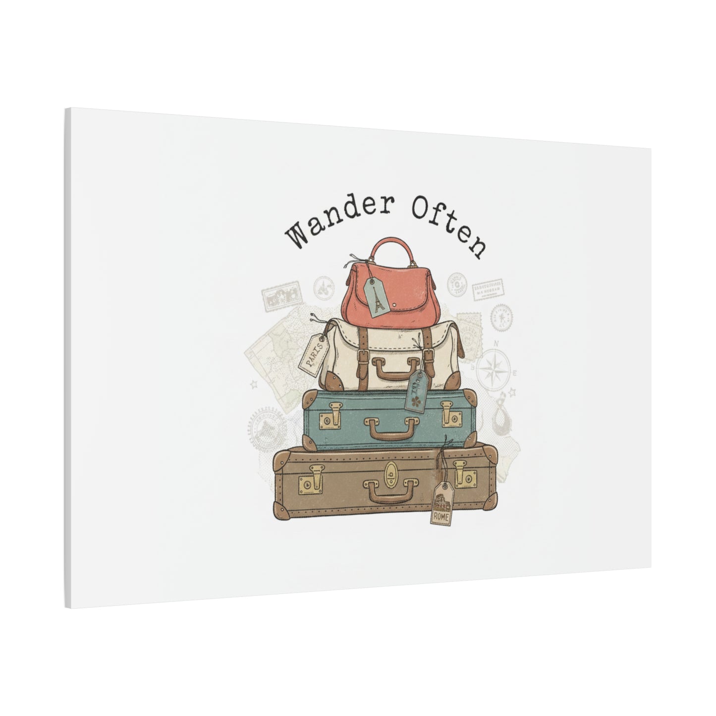Wander Often Vintage Luggage Stack Canvas, travel stamps | passport stamp wanderlust
