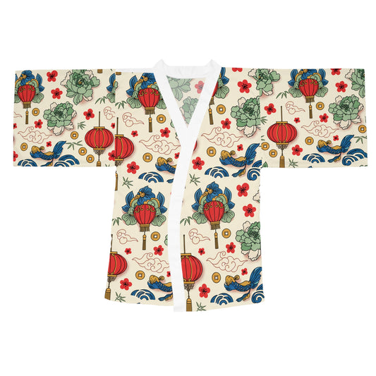 Kimono Robe - Red Lantern & Floral Asian Pattern