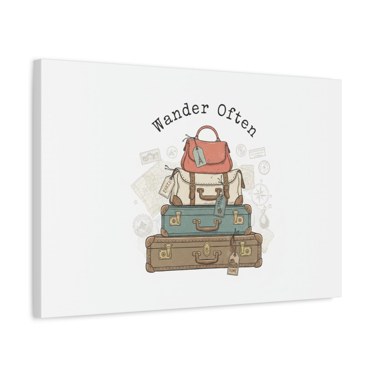 Wander Often Vintage Luggage Stack Canvas, travel stamps | passport stamp wanderlust