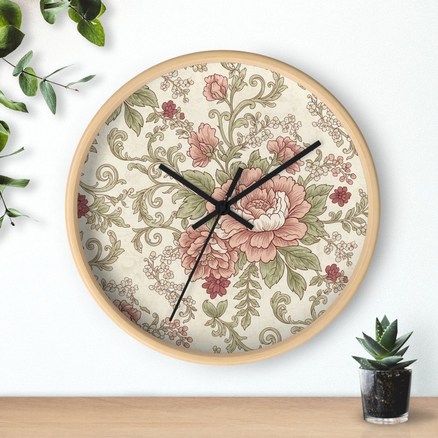 Vintage Floral Wall Clock — Shabby Chic Rose Garden Timepiece
