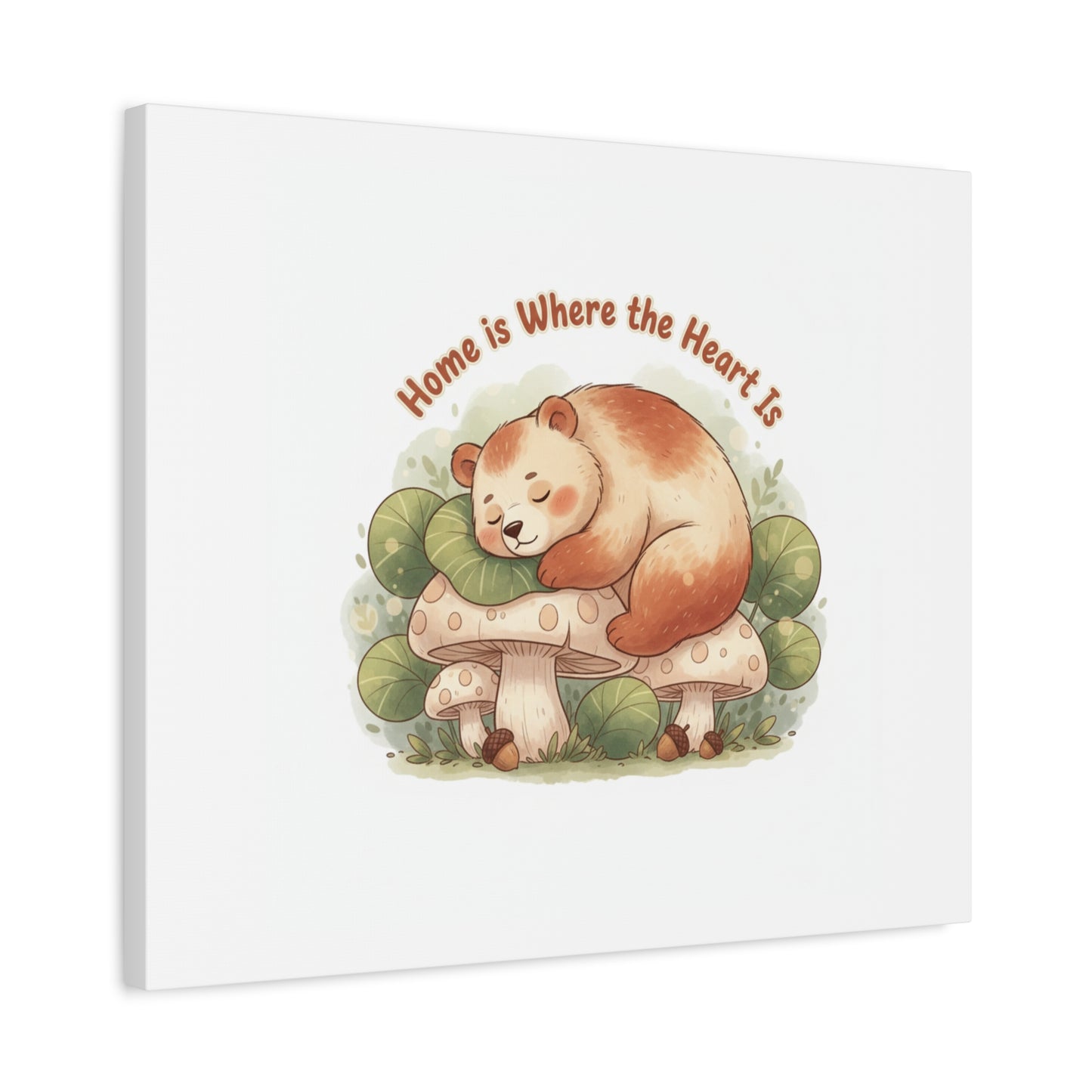 Cozy Sleeping Bear Canvas, winter forest art | cute animal illustration