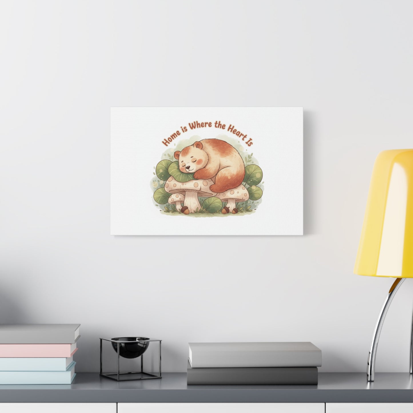 Cozy Sleeping Bear Canvas, winter forest art | cute animal illustration