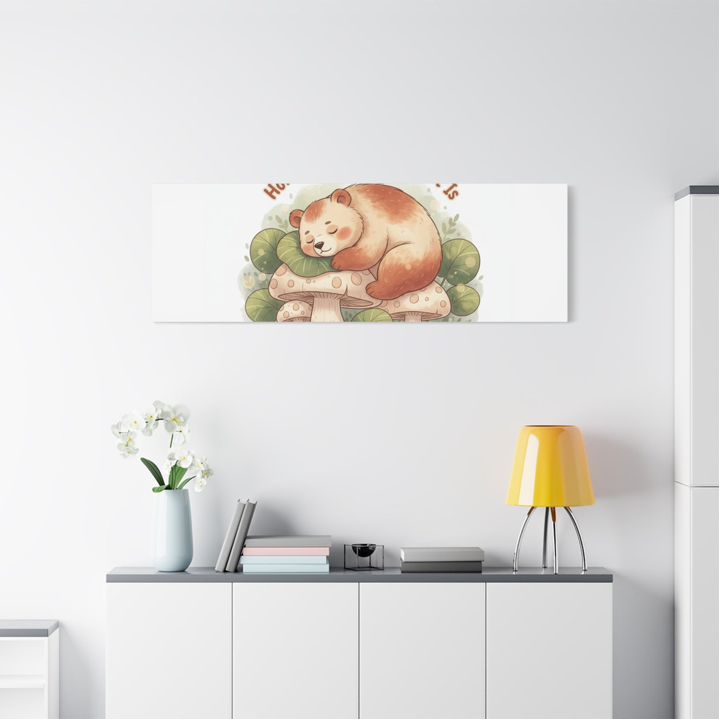 Cozy Sleeping Bear Canvas, winter forest art | cute animal illustration