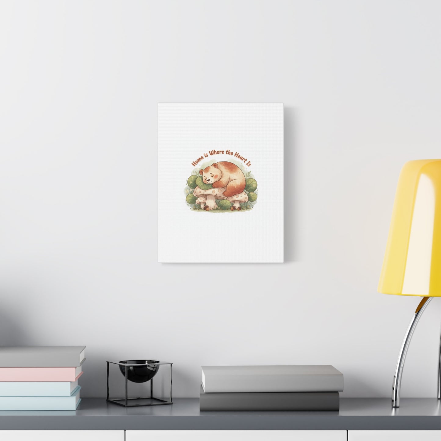 Cozy Sleeping Bear Canvas, winter forest art | cute animal illustration