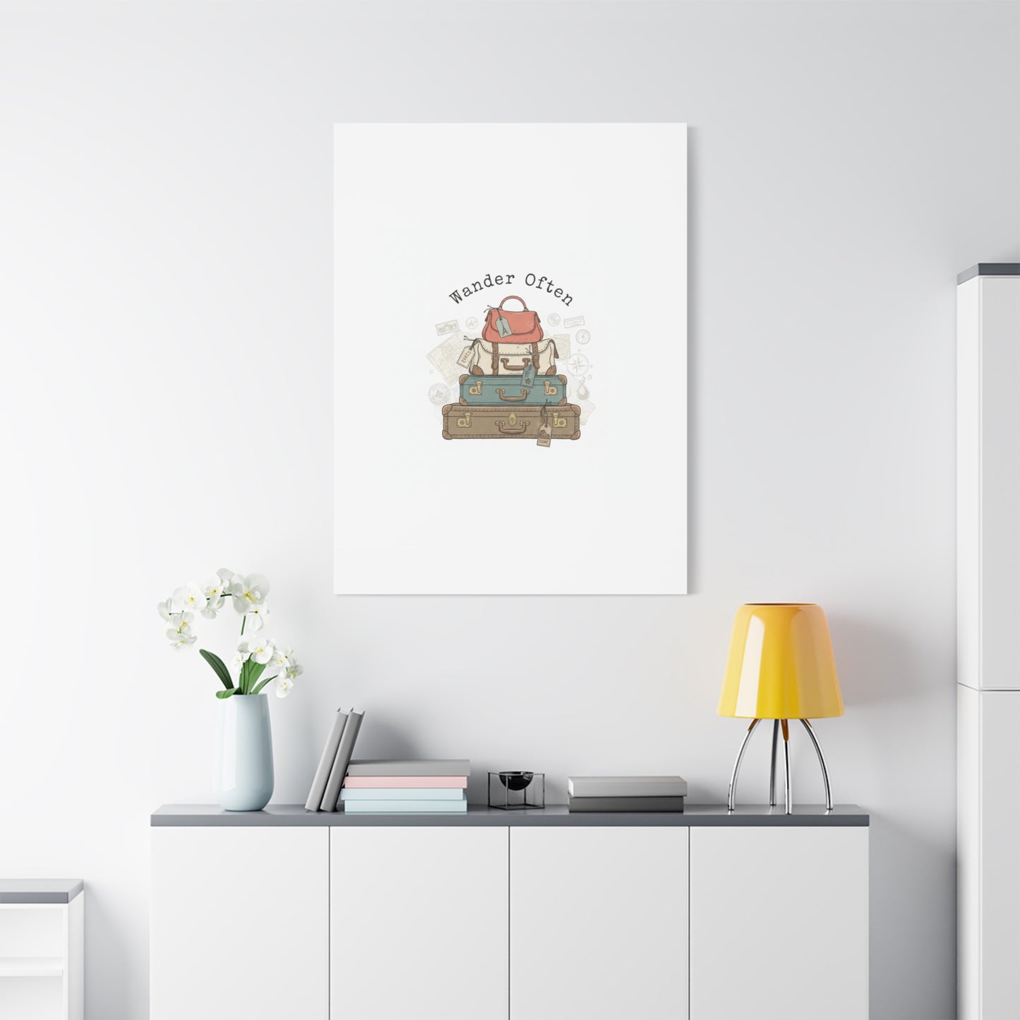 Wander Often Vintage Luggage Stack Canvas, travel stamps | passport stamp wanderlust