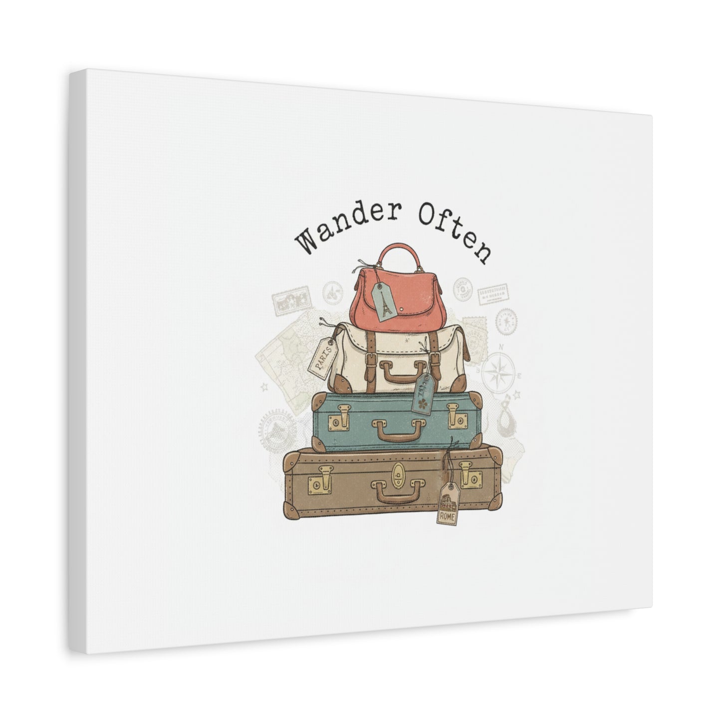 Wander Often Vintage Luggage Stack Canvas, travel stamps | passport stamp wanderlust