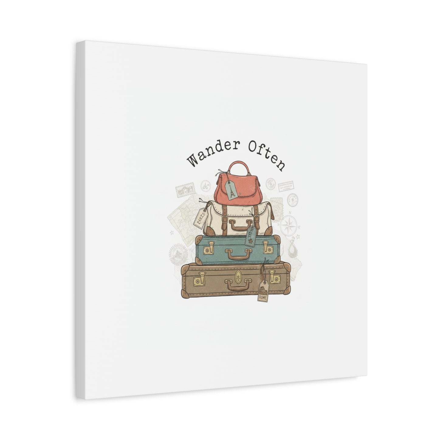 Wander Often Vintage Luggage Stack Canvas, travel stamps | passport stamp wanderlust
