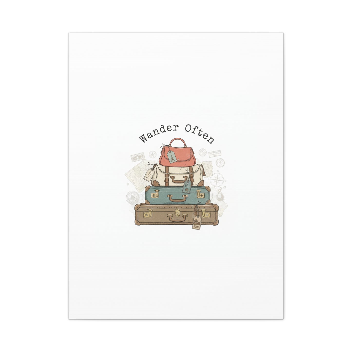 Wander Often Vintage Luggage Stack Canvas, travel stamps | passport stamp wanderlust