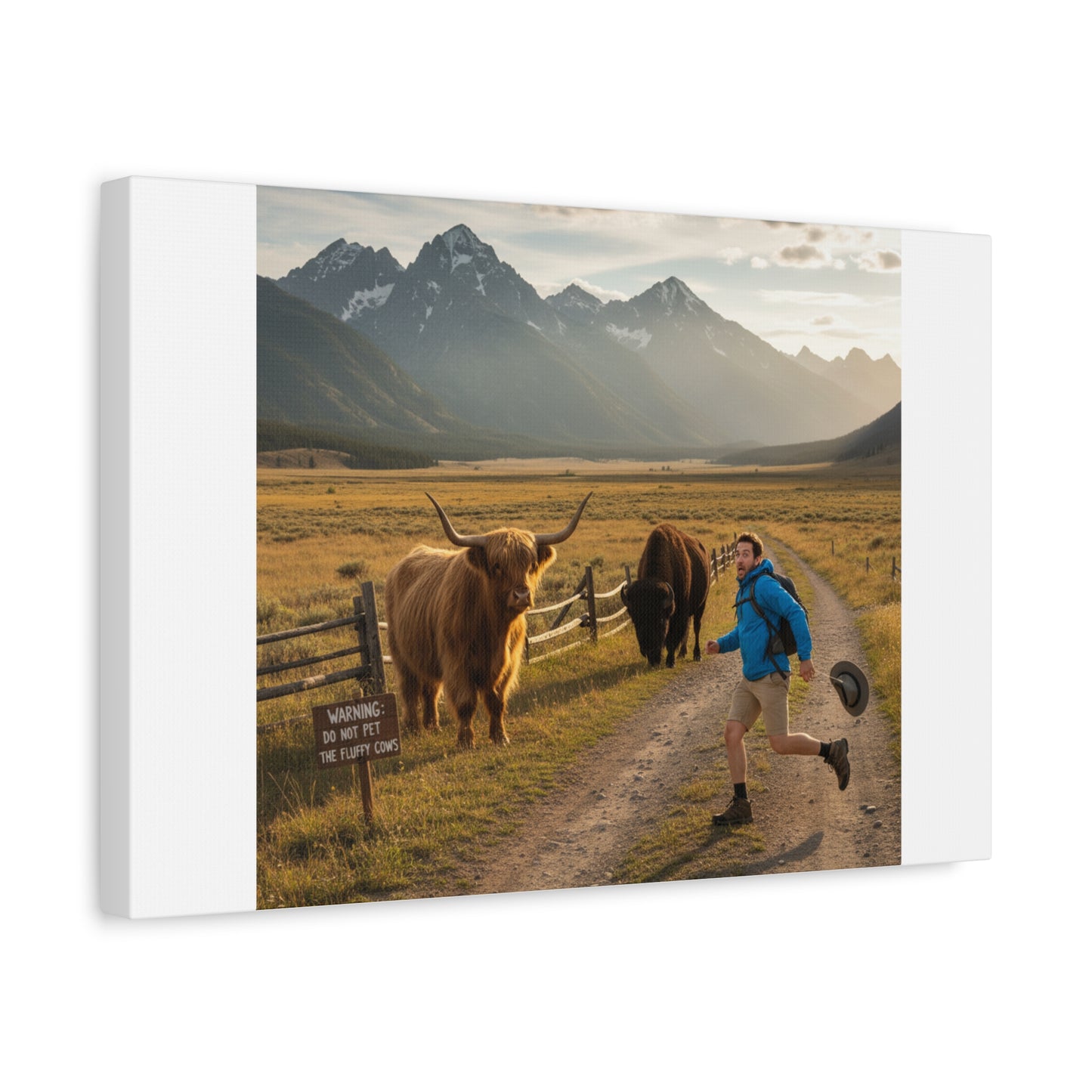 Chased by a Buffalo Canvas | wholesome sarcasm print, soft humor wall art