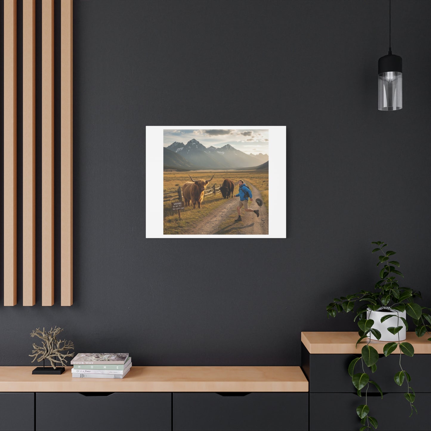 Chased by a Buffalo Canvas | wholesome sarcasm print, soft humor wall art