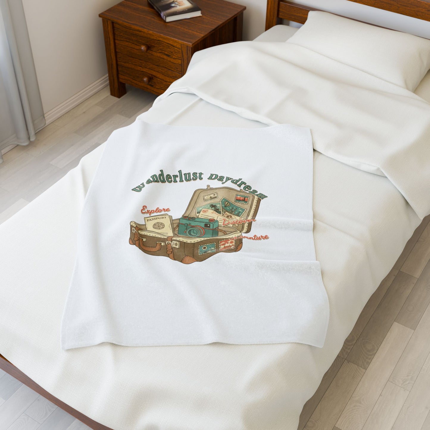 Wanderlust Daydream suitcase design Velveteen Blanket | retro travel, passport stamp vibes