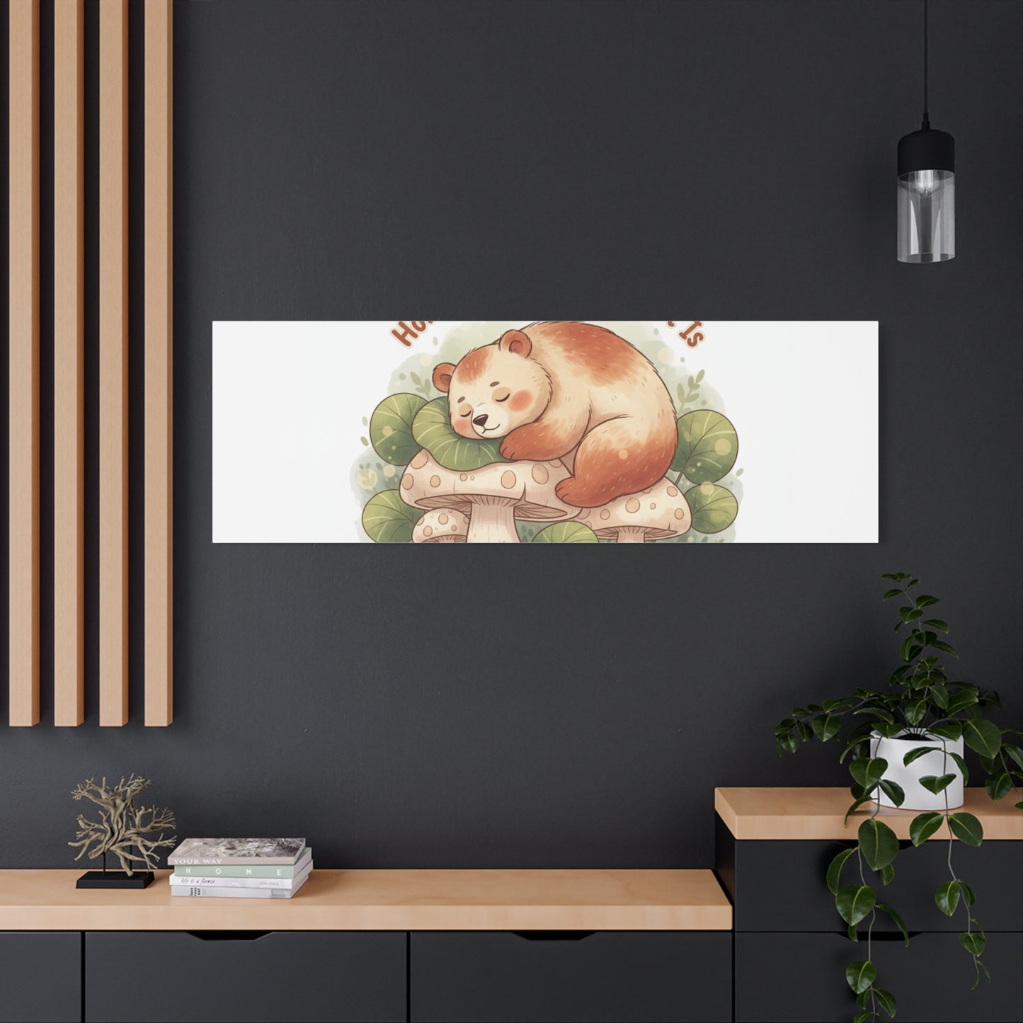 Cozy Sleeping Bear Canvas, winter forest art | cute animal illustration