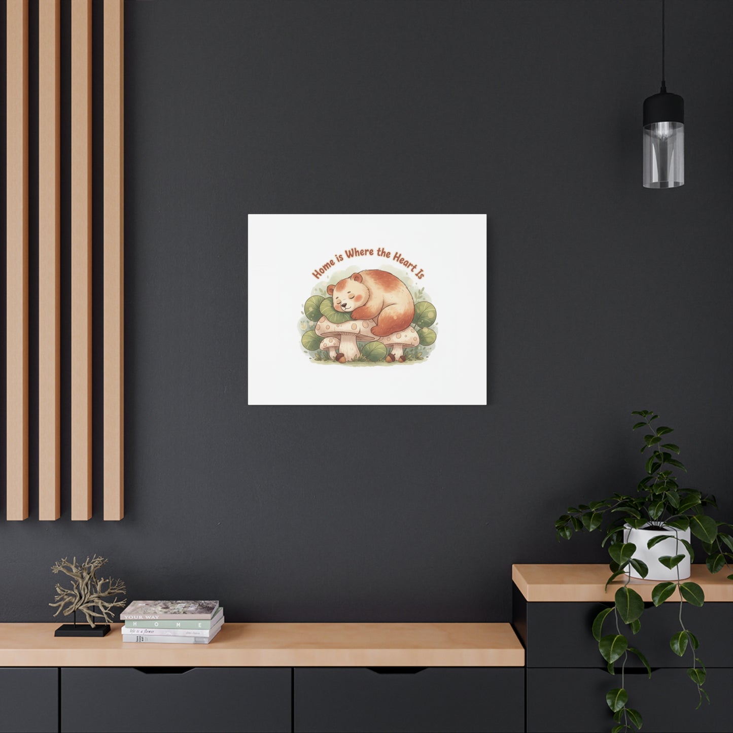Cozy Sleeping Bear Canvas, winter forest art | cute animal illustration