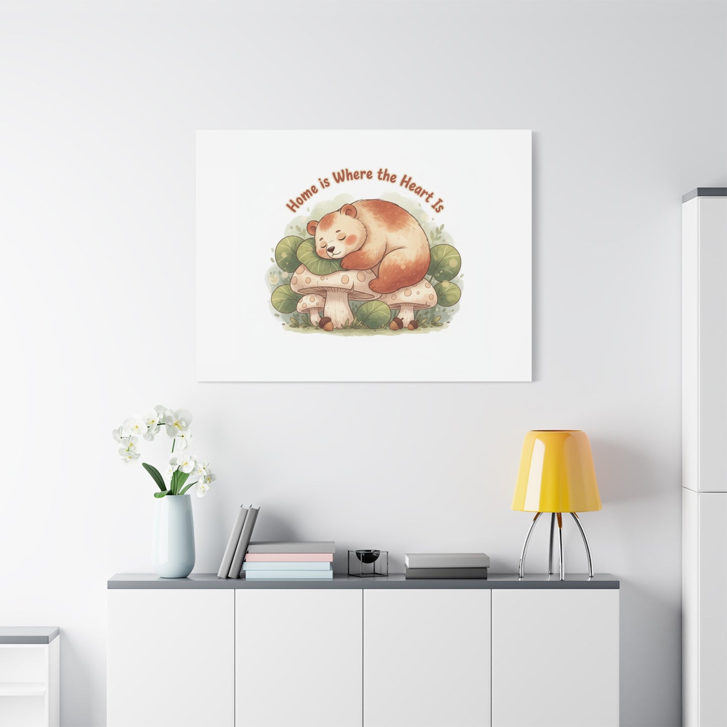 Cozy Sleeping Bear Canvas, winter forest art | cute animal illustration